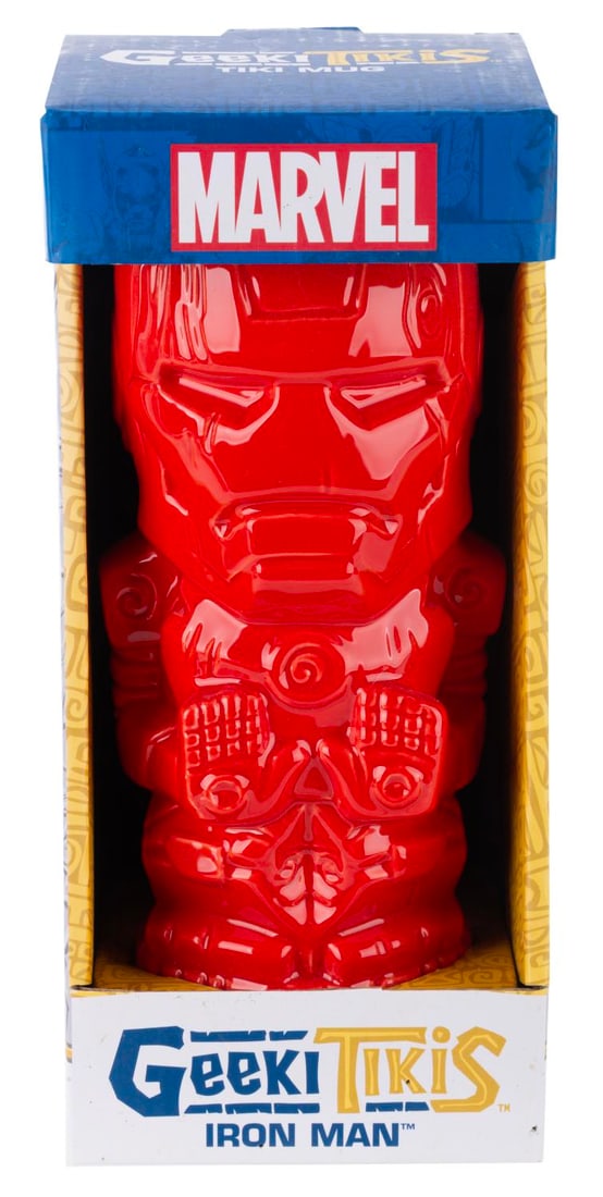 A Geeki Tikis Iron Man Mug.: (Beeline Creative, 2010s-20s) An Iron Man tiki mug, part of the Marvel Series 1 release by Geeki Tikis. Measuring 4" x 4" x 9" tall in its original packaging, the ceramic mug is in fine condition.
