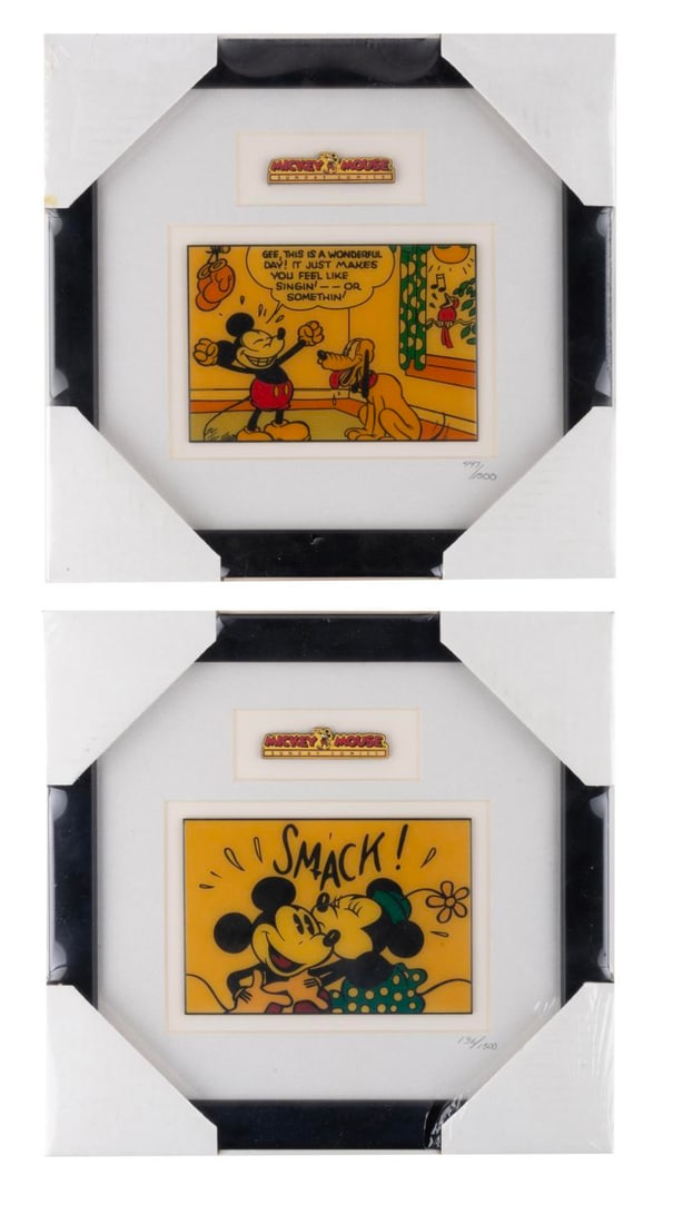 A Pair of Mickey Mouse Sunday Comics Framed Enamel Pins.: (Disney, 1990s-2000s) A pair of limited edition framed pins released as part of the "Sunday Funnies" series. The sets were released in an edition size of 1500 pieces and come in the original 12" x