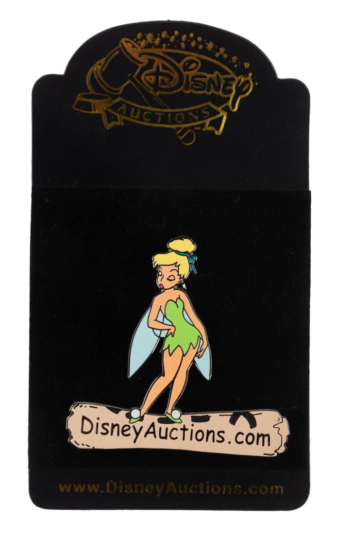 A Disney Auctions Tinker Bell Pin.: (Disney, 2004) A Disney Auctions Gift With Purchase pin featuring Tinker Bell, released in a limited edition of 5,000 pieces during the "Pin-a-Palooza" event. Measuring 2" x 1.75", the pin is in fine