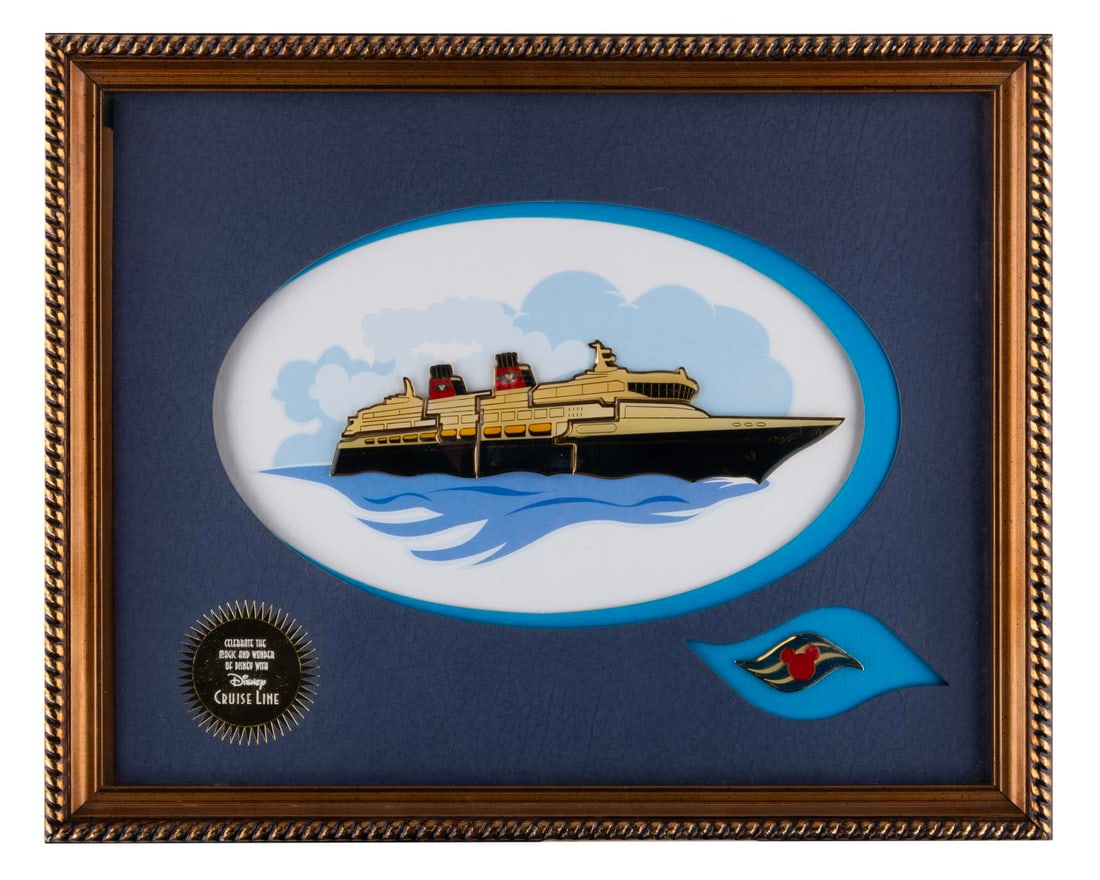 A Disney Cruise Line AAA/CAA Exclusive Member Benefit Framed Pin Set.: (Disney Cruise Line, 2001) A framed Puzzle Pin Set offered to AAA and CAA Members on the Disney Wonder and Disney Magic Cruise Ships in the 1990s. The set contains five pins that create the ship and