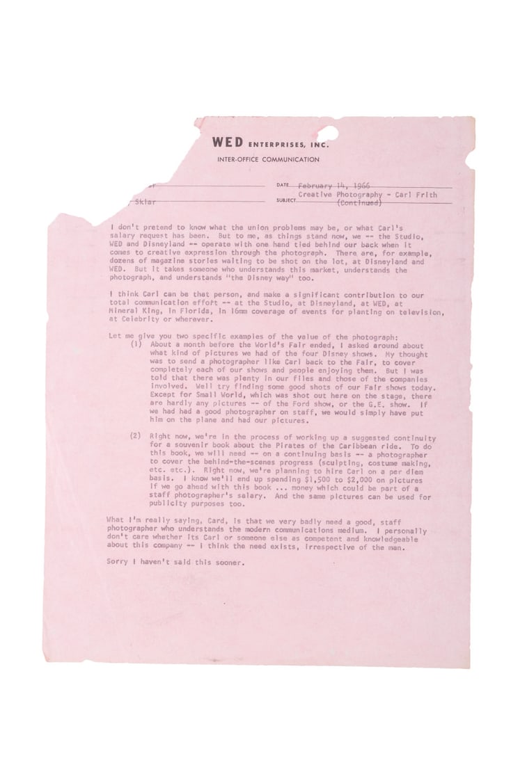 A 1966 WED Enterprises Photography Memo.: (WED, 1966) The pink carbon paper copy of a page from a WED Enterprises (Imagineering) memo from Marty Sklar to Card Walker concerning hiring a permanent photographer for WED and the Studio. Sklar rec