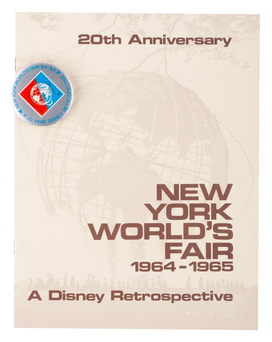 A World's Fair 20th Anniversary Retrospective Book & Pin.: (WED, 1984) A WED Enterprises booklet and pin for the 20th anniversary celebration of the 1964-65 New York World's Fair. The booklet contains 6-pages of facts and information on how and why Walt