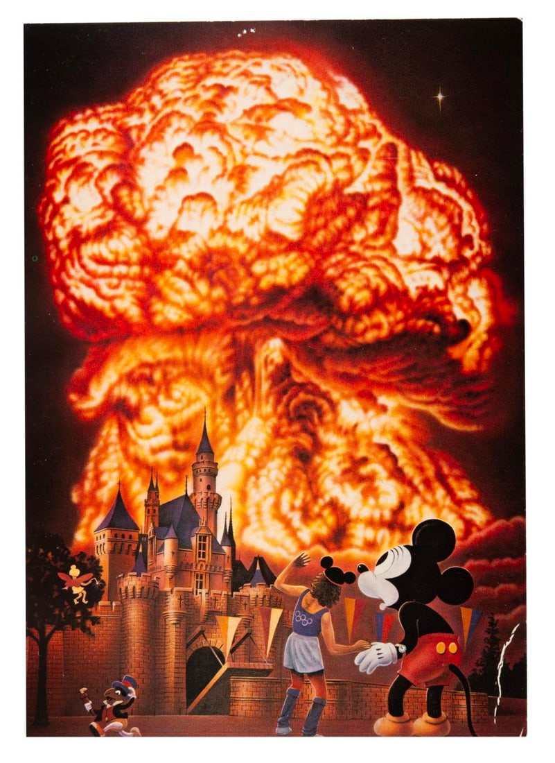 A Nuclear Disneyland Postcard.: (Majestic, 1984) An unusual postcard depicting a mushroom cloud over the Magic Kingdom, in a design by Carl Chaplin. The postcard contains a typed message about the production of "Return to Oz" that w
