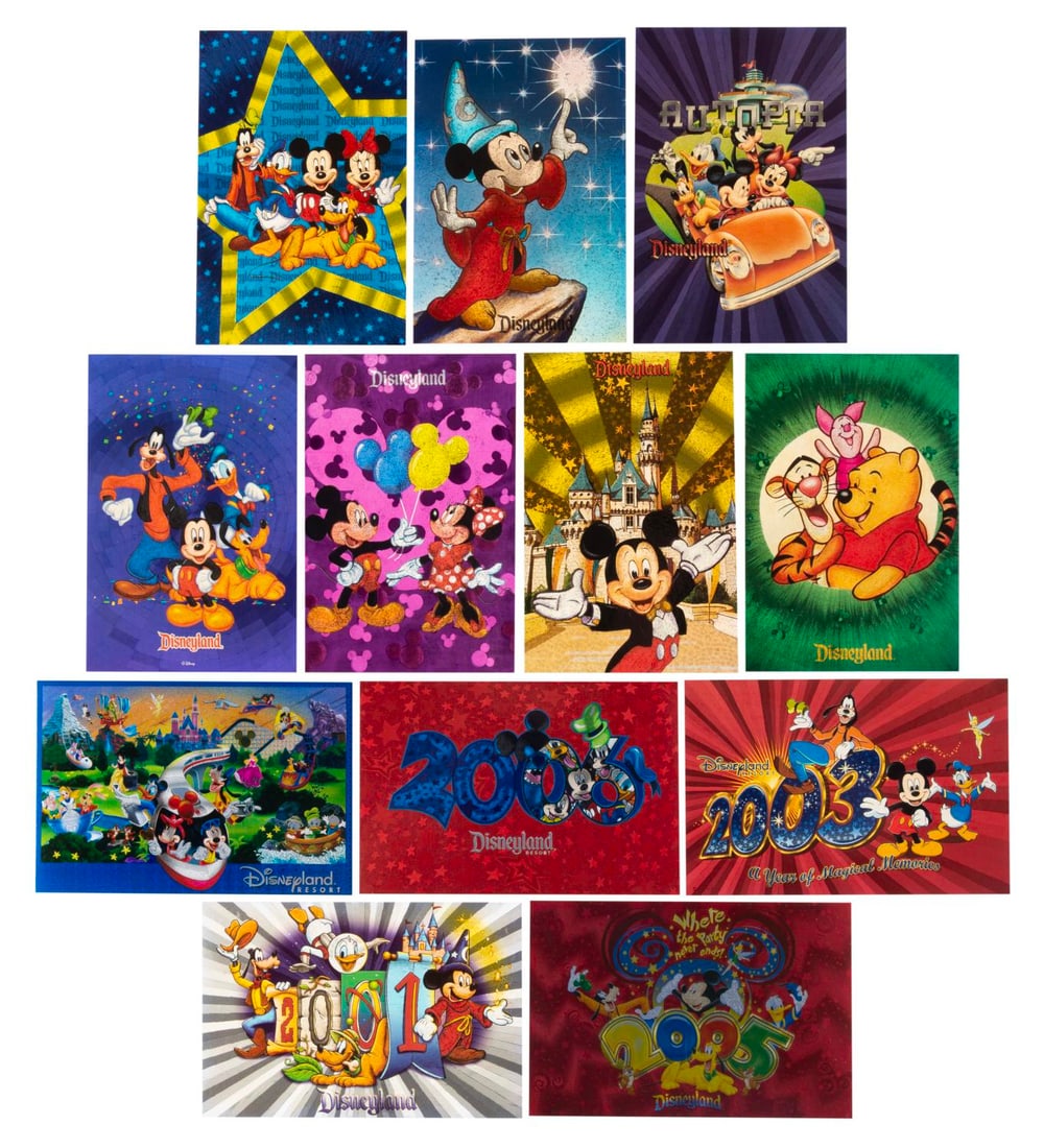 A Collection of Disneyland Foil Postcards.: (Disneyland, 1980s/2000s) Twelve foil Disneyland postcards featuring characters, New Year's wishes, and attractions. The postcards are in very good to fine condition.