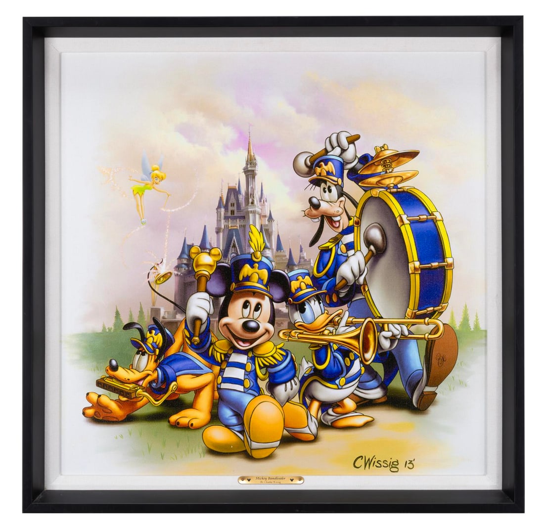 A "Mickey Bandleader" Canvas Print by Charlie Wissig.: (Disney, 2000s) A framed limited edition canvas giclee titled "Mickey Bandleader" by Disney artist Charlie Wissig. Numbered 12/95 with a visible image size of 17.5" x 18" in a 20.5" x 20.75" framed ma
