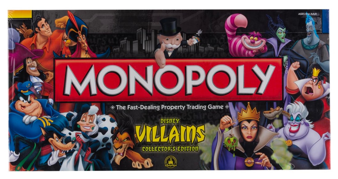 A Disney Villains Collector's Edition Monopoly Game.: (Disney Parks, 2010) A Monopoly Disney Villains Collector's Edition, sold exclusively at the Disney Parks. Measuring 20" x 1.5" x 10", the sealed game is in presumed fine condition with some tears in 