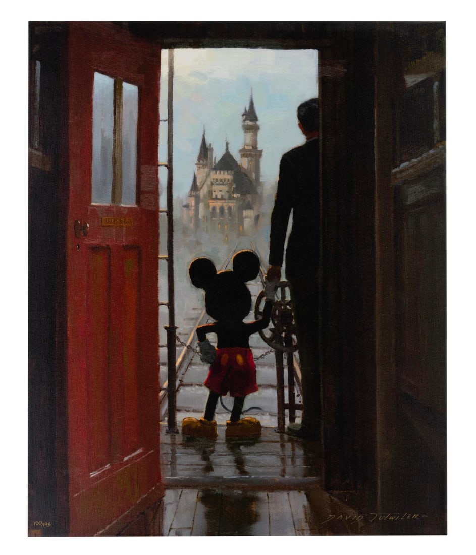 A "Sharing a Dream" Canvas Print by David Tutwiler.: (Disney, 2012) A limited edition canvas print titled "Sharing a Dream" by Disney artist David Tutwiler. Numbered 100/195, the signed canvas measures 19.75" x 24.25" and is in fine condition.