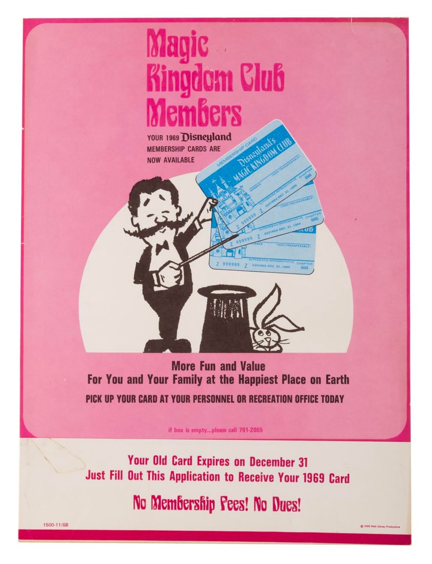 A 1968 Disneyland Magic Kingdom Club Poster.: (Disneyland, 1968) A window card reminding Magic Kingdom Members to update to their new 1969 membership cards. The card includes a pocket at the bottom to hold application forms. Measuring 9" x 12", t