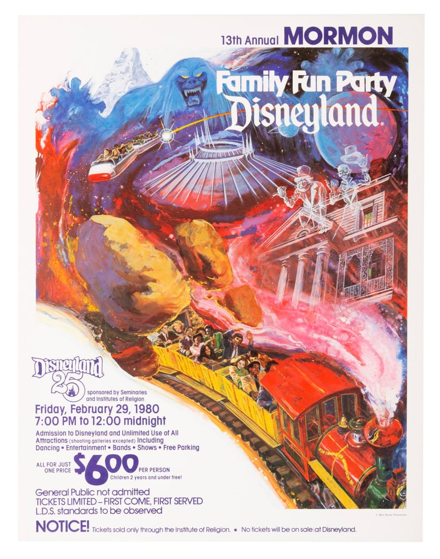 A 1980 Mormon Disneyland Flyer.: (Disneyland, 1980) A flyer promoting Disneyland's 13th annual Mormon Family Fun Party on February 29, 1980. Artwork features the Haunted Mansion, Space Mountain, and the latest attraction Big Thunder 