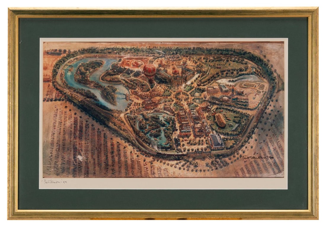 A Peter Ellenshaw Signed Disneyland Concept Art Print.: (Disneyland, 1993) A vibrant photographic print of Disneyland concept art created by Oscar-winning artist and Imagineer Peter Ellenshaw. The original artwork was widely used in promotional material du