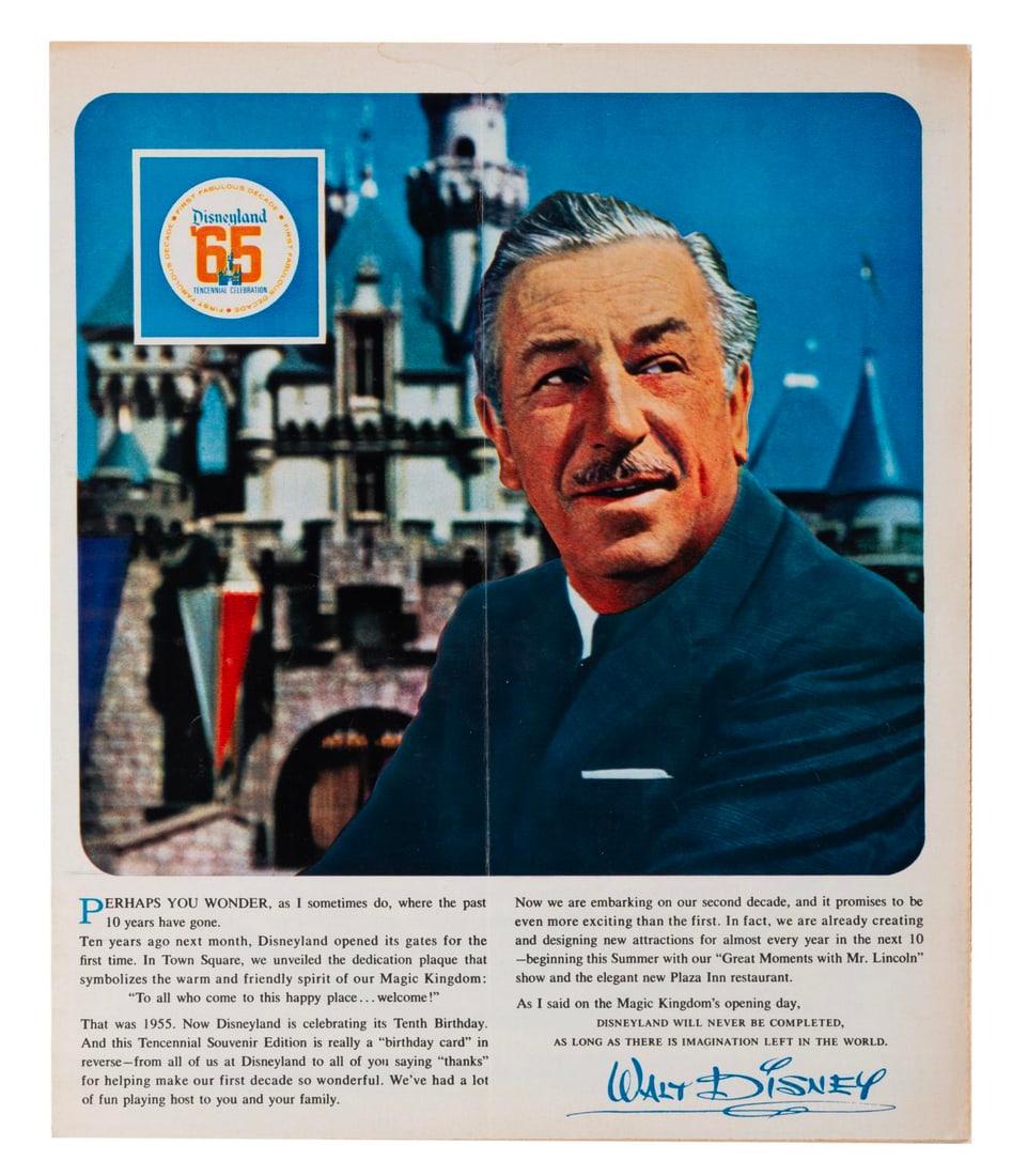 A Disneyland Tencennial Newspaper Supplement.: (Disneyland, 1965) A newspaper supplement commemorating Disneyland's 10th anniversary with a history of the Park and full-color photos. This 24-page supplement measures 13" x 10.75" and is in good con