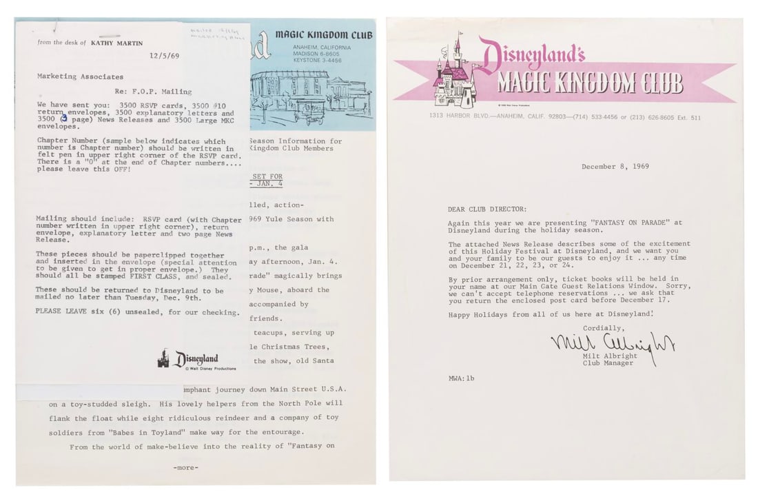 A Pair of 1969 Disneyland Magic Kingdom Club Documents.: (Disneyland, 1969) Two mailers from the Magic Kingdom Club promoting the Fantasy on Parade Holiday Festival at Disneyand. Included are a cover letter, press release, and group sales items including a 