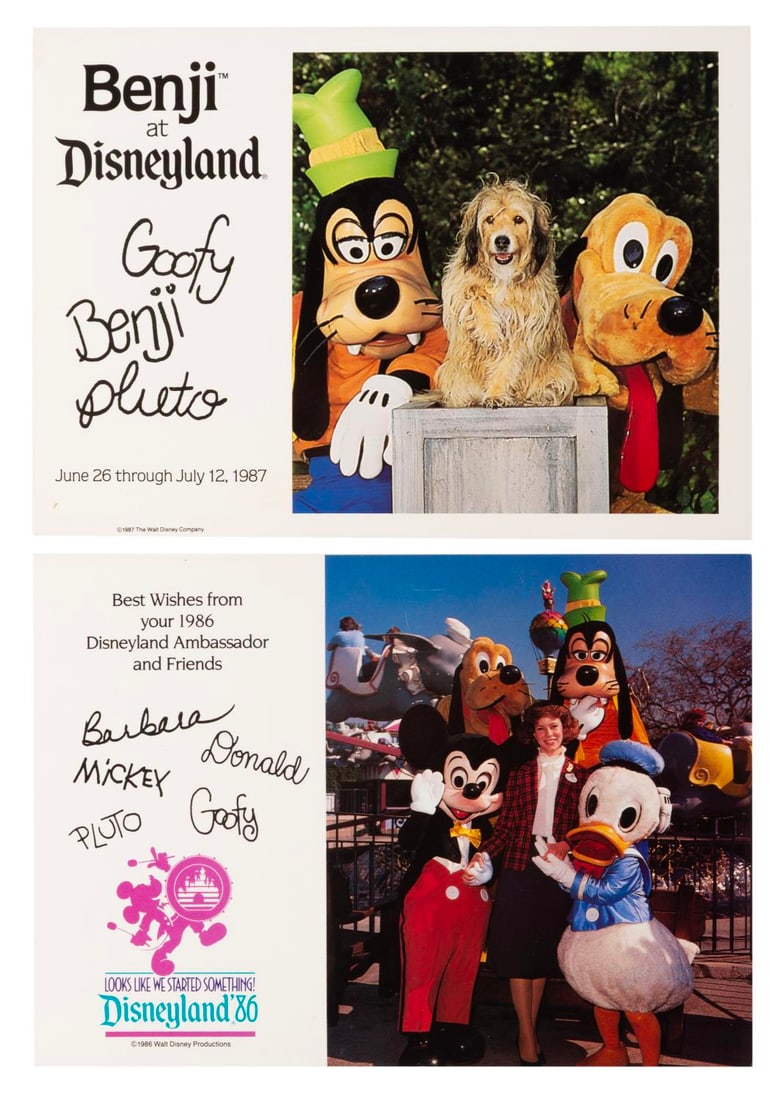 A Pair of Benji and Ambassador Disneyland Cards.: (Disneyland, 1986-87) Two unusual event cards from Disneyland. Included are a 1987 appearance of the screen star dog Benji, and the 1986 Ambassador Barbara Warren. Each measuring 5" x 7", the cards ar