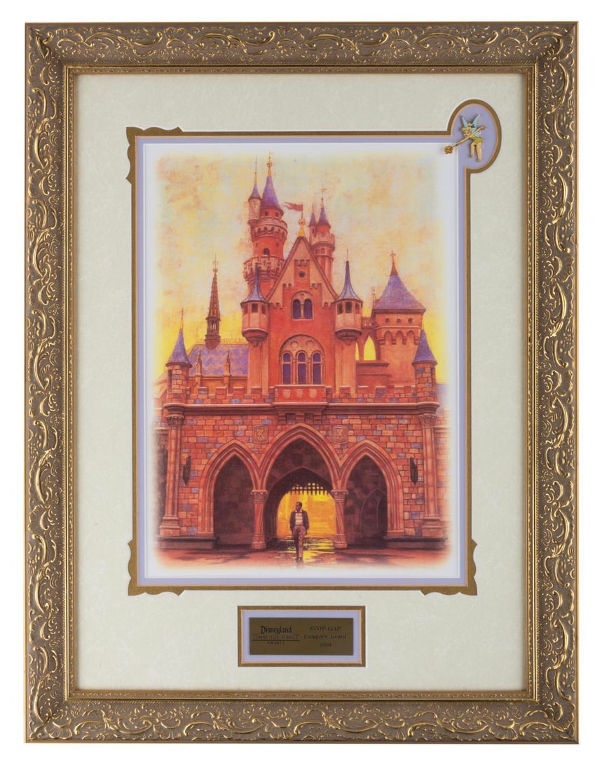 A Disneyland Community Service Award with Tinker Bell Pin.: (Disneyland, 2004) A rare award honoring the Stop-Gap Theater Company, bestowed at the 2004 the Disneyland Resort Community Service Awards. Included in the display are a print of Walt walking through