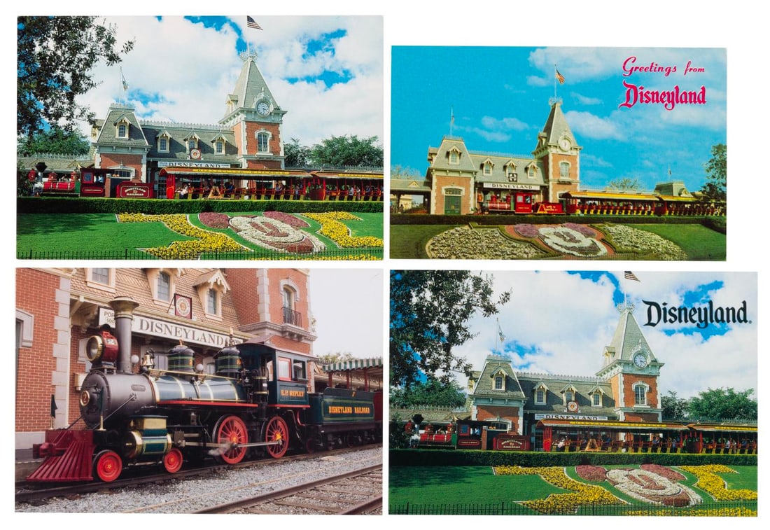 A Set of Main Street Station Postcards.: (Disneyland,1950s-90s) Four postcards of the Main Street Station of the Disneyland Railroad thru the years. The postcards are in very good to fine condition.