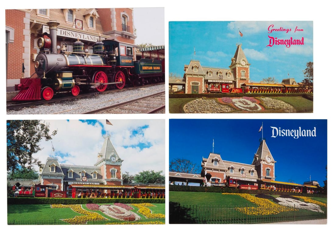 A Disneyland Railroad Postcard Collection.: (Disneyland, 1970s-2000s) A collection of four postcards featuring the Disneyland Railroad station on Main Street, U.S.A. Ranging in size from 3.5" x 5.5" to 4" x 6", the postcards are in good to