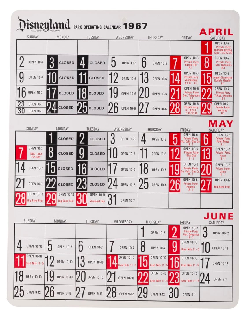 A 1967 Disneyland Park Operating Calendar.: (Disneyland, 1967) A two-sided Disneyland Park Operating Calendar for April thru September of 1967. The calendar highlights holidays and special group events throughout the season. Measuring 8.5" x