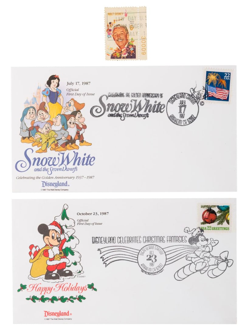 A Pair of Disneyland First Day Issue Envelopes.: (Disneyland, 1987) Two First Day of Issue envelopes from the Disneyland Station in 1987. Included are the Snow White Golden Anniversary stamp on July 17, and the Christmas Fantasies stamp issued on