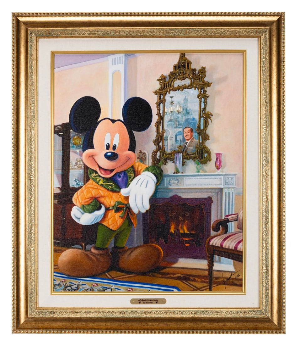 A "Mickey's Dream Suite" Canvas Print by Yakovetic.: (Disney, 2000s) A framed limited edition canvas print titled "Mickey's Dream Suite" by Disney artist Yakovetic. The art of Mickey Mouse in Disneyland's Dream Suite features many Disney Easter eggs