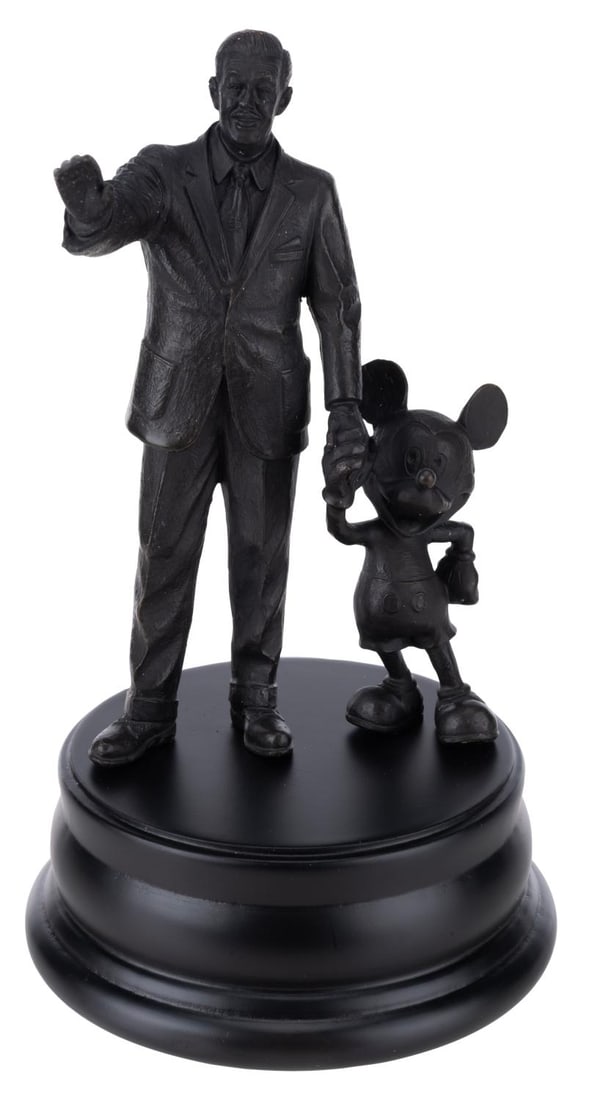 A "Partners" Bronze Replica Statue.: (Disneyland, 2000s) A rare bronze "Partners" statue of Walt and Mickey Mouse, created for The Art of Disney collection. This statue is a replica of the larger bronze statue designed by Blaine Gibson, 