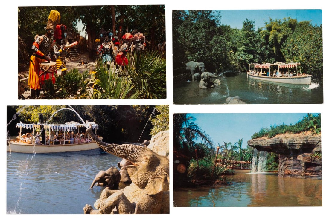 A Collection of Disneyland Jungle Cruise Postcards.: (Disneyland,1950s-90s) Four postcards of the Jungle Cruise thru the years, including the backside of water. The postcards are in very good to fine condition.