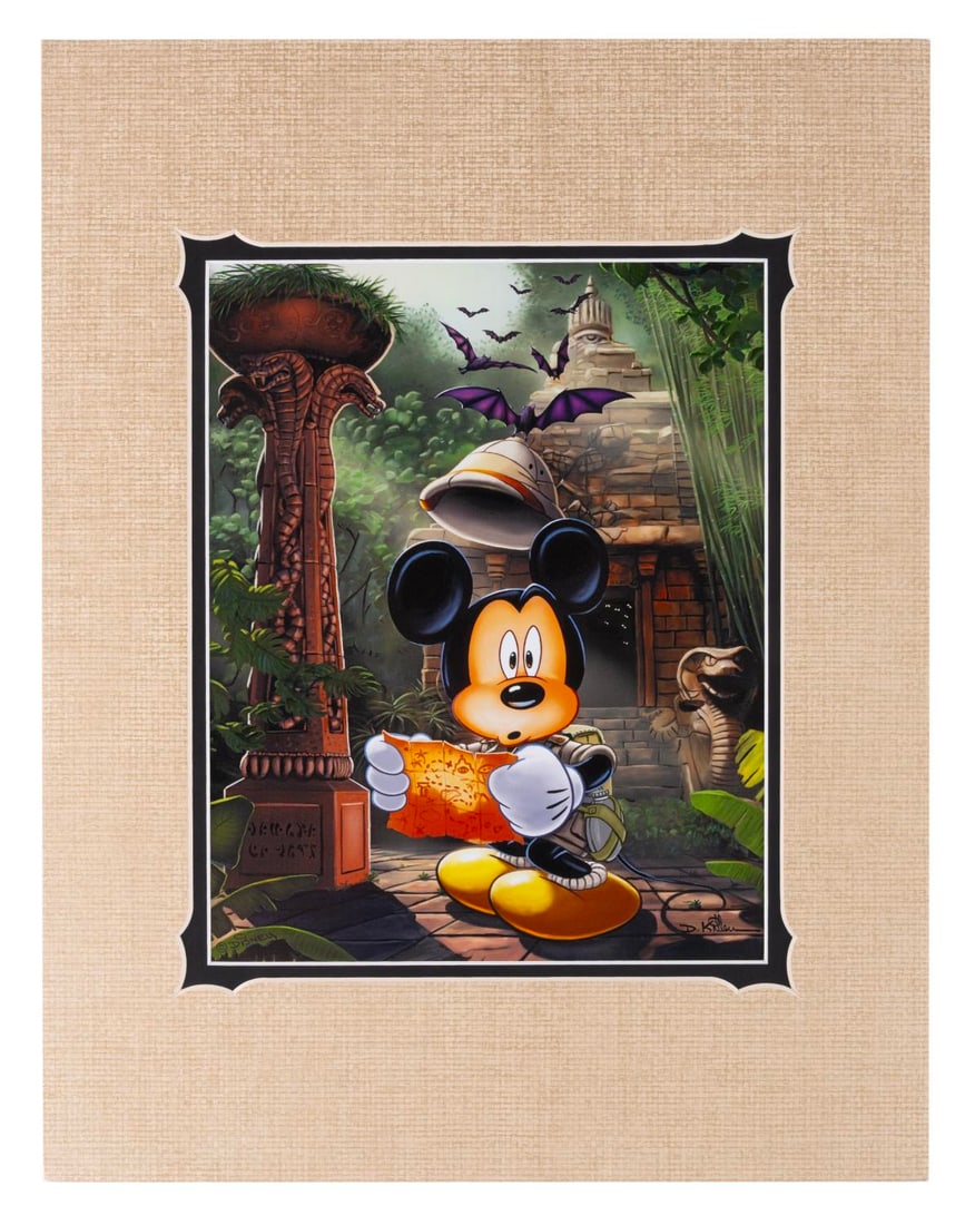 A Mickey Mouse Indiana Jones Adventure Print.: (Disneyland, 2016) A print of Mickey Mouse in front of the Temple of the Forbidden Eye from Indiana Jones Adventure in Disneyland by Disney Artist Daniel Killen. Titled "Lucky Hat," the 8.75" x 11" pr