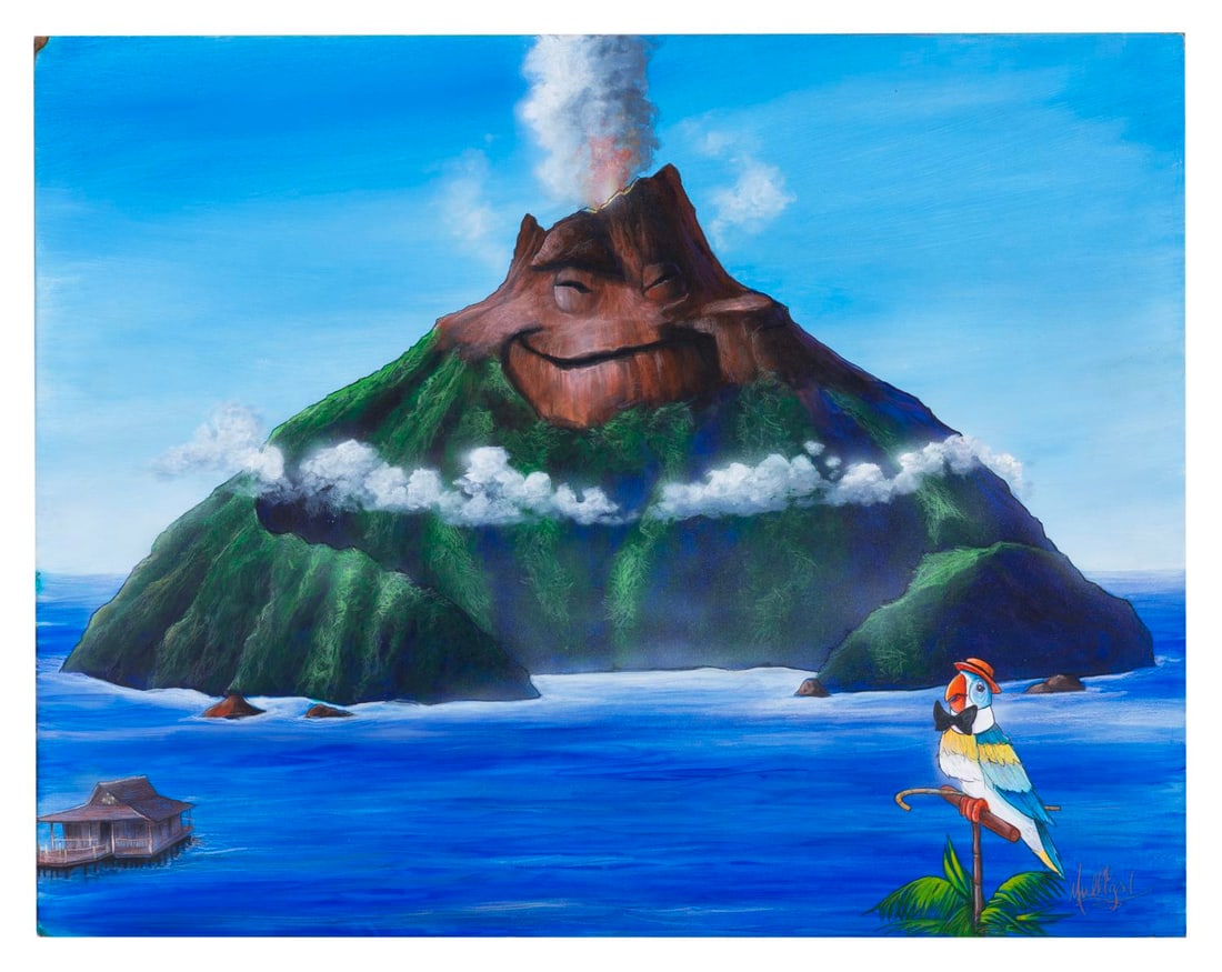 A "Lava" and Barker Bird Original Painting by James C Mulligan.: (Disney, 2010s-2020s) An original painting by artist James C Mulligan of the volcano from "Lava" and the Barker Bird from the early days of Walt Disney's Enchanted Tiki Room. Measuring 22" x 28", the 