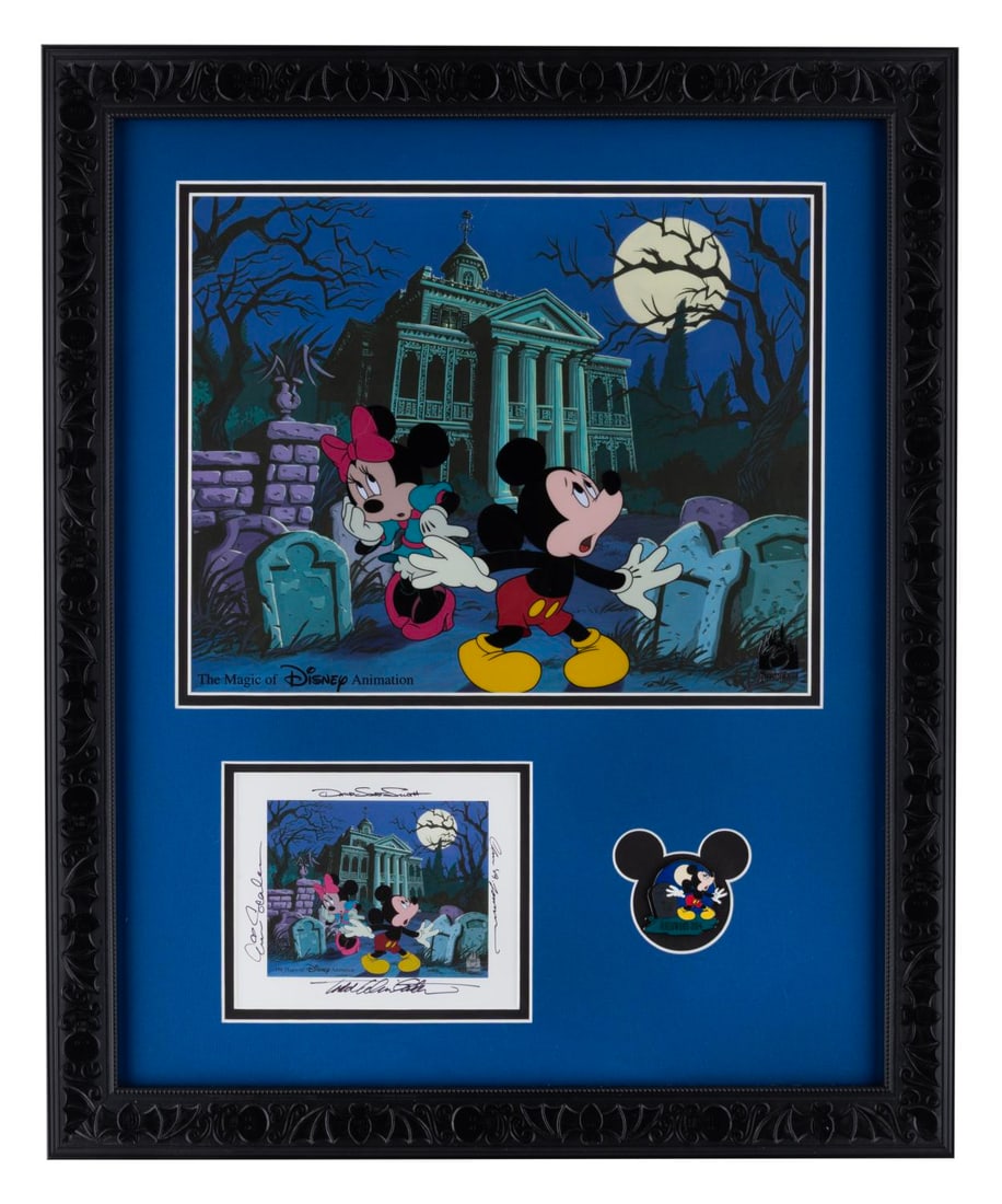 A Haunted Mansion Framed Cel, Print, and Pin.: (Disneyland, 2014) A framed hand-painted cel, print, and pin themed to The Haunted Mansion titled "No Turning Back Now," released in a limited edition of 1000 by Disneyland Ink & Paint. Measuring 18.5