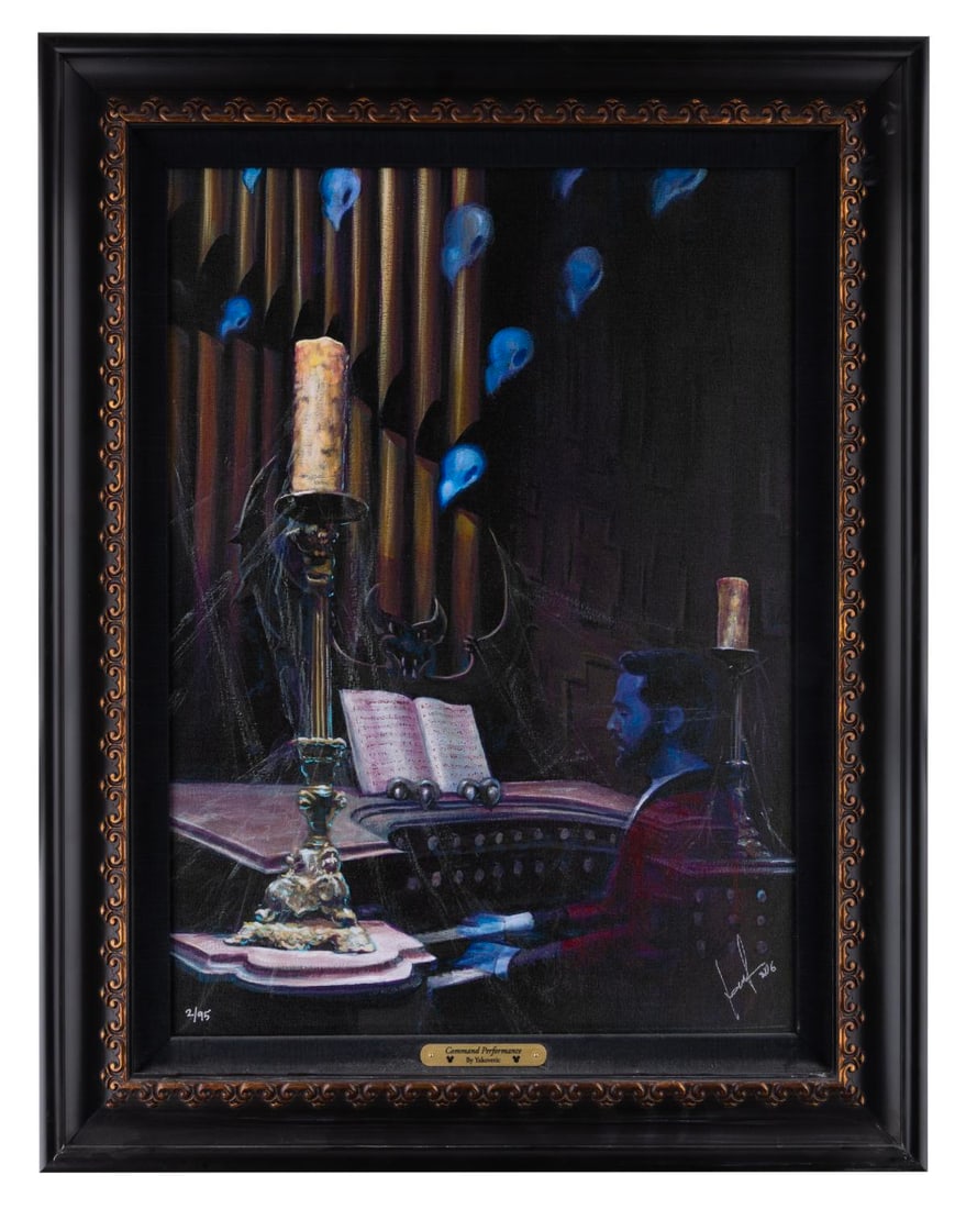 A Haunted Mansion "Command Performance" Canvas Print.: (Disney, 2014) A limited edition canvas print titled "Command Performance" by artist Yakovetic, depicting the organist in The Haunted Mansion. Numbered 2/95 and measuring 15.5" x 21" in a 21" x 27" fr