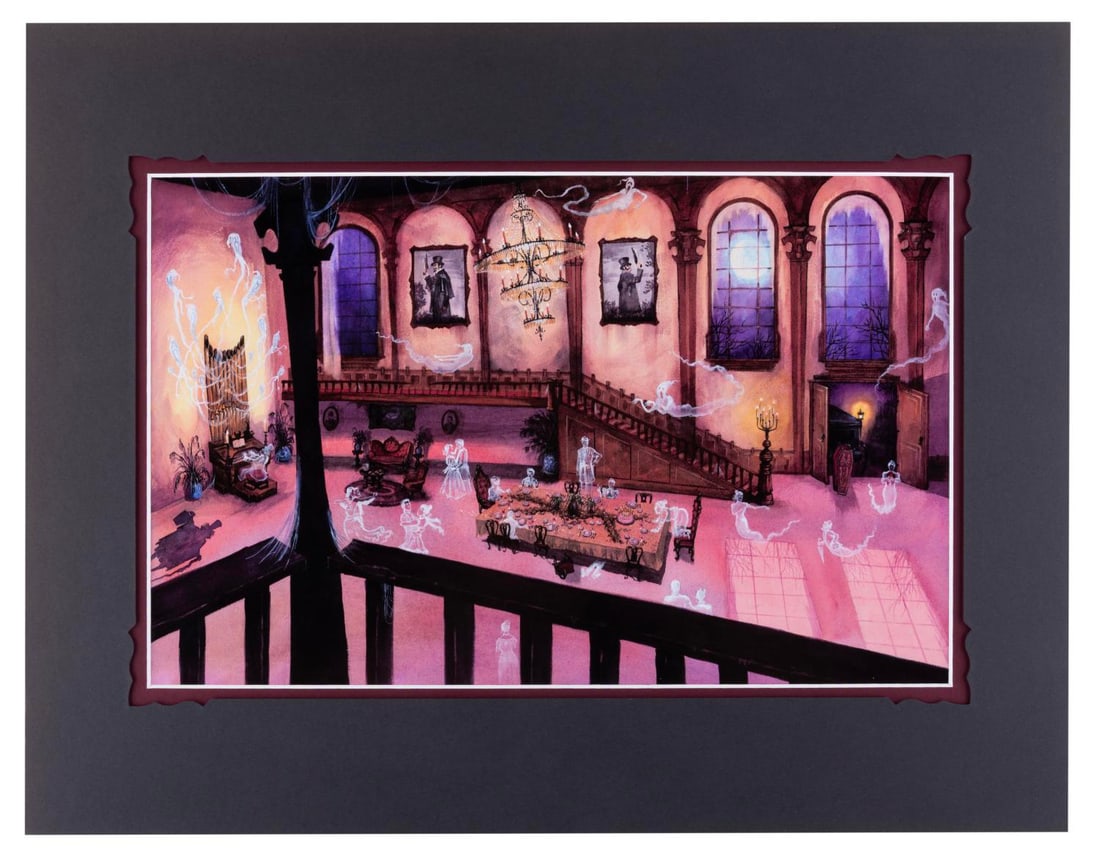 A Haunted Mansion "Swinging Wake" Print.: (Disney Parks, 2019) A Haunted Mansion Grand Hall print by Kevin-John titled "Swinging Wake," released for the 50th anniversary of the attraction. With an image size of 8.75" x 13.75" in a 14" x 18" m