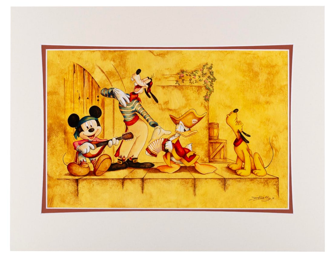 A Mickey and Friends "A Pirates Life" Print.: (Disneyland, 2014) A Pirates of the Caribbean print titled "A Pirates Life" by artist Doug Bolly, featuring Mickey Mouse, Goofy, Donald Duck, and Pluto recreating a classic scene from the attraction. 