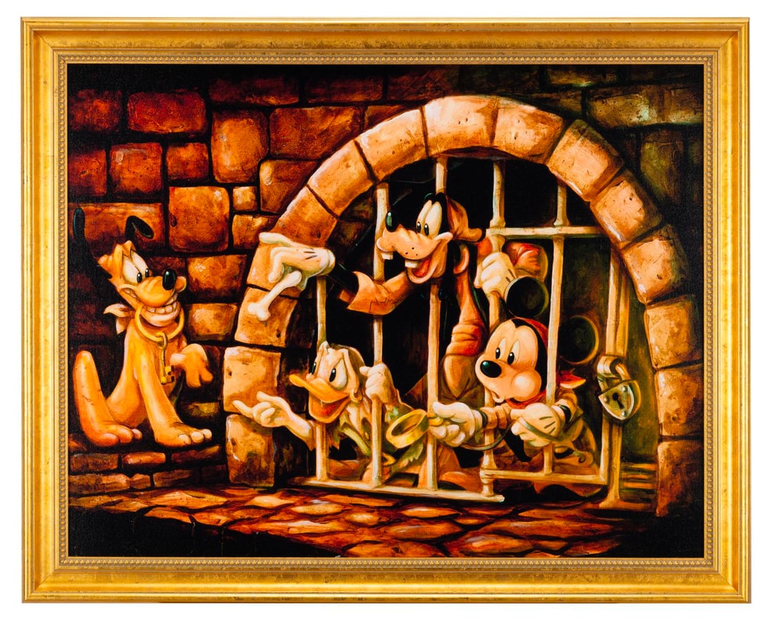 A Pirates of the Caribbean Canvas Print by Darren Wilson.: (Disneyland, 2019) A framed giclee print on canvas titled "Here Poochie" by Disney artist Darren Wilson, depicting Mickey Mouse, Donald Duck, Goofy, and Pluto recreating the famous jail scene from Pir