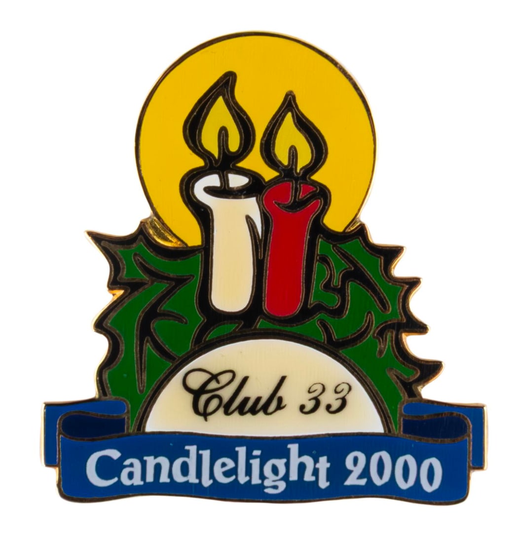 A Club 33 Candlelight 2000 Pin.: (Disneyland, 2000) A Club 33 Candlelight 2000 pin, given exclusively to Club 33 Guests who attended the 2000 Candlelight Procession. The pin is in fine condition.