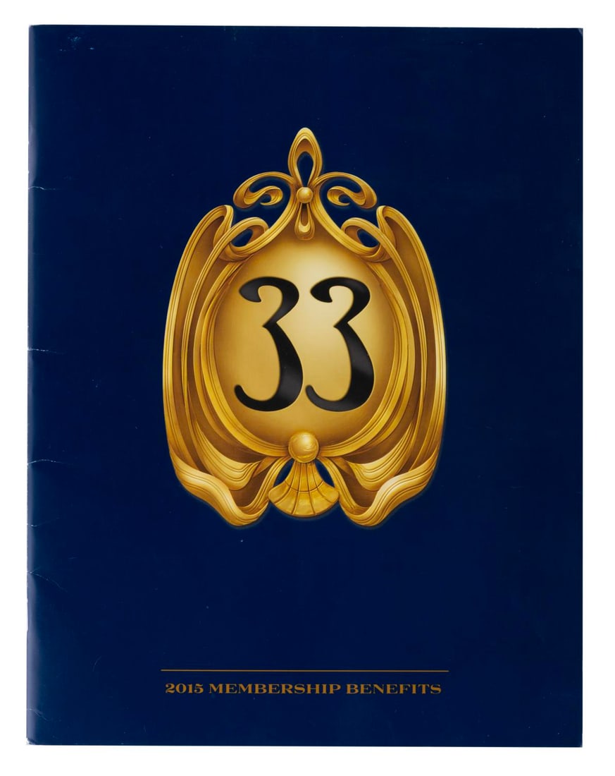 A Club 33 2015 Membership Benefits Booklet.: (Disneyland, 2015) A 2015 Membership Benefits booklet for the exclusive Club 33 in Disneyland's New Orleans Square. The 24-page book outlines benefits, services, and rules for Club members. Measuring 
