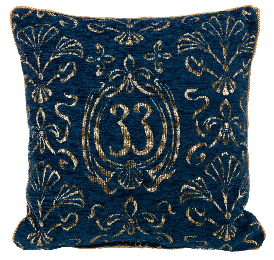 A Club 33 Pillow.: (Disneyland, 2014-2020s) A souvenir pillow from the members-only Club 33 in New Orleans Square, featuring the redesigned logo first implemented in 2014. Measuring 15" x 15", the pillow has its