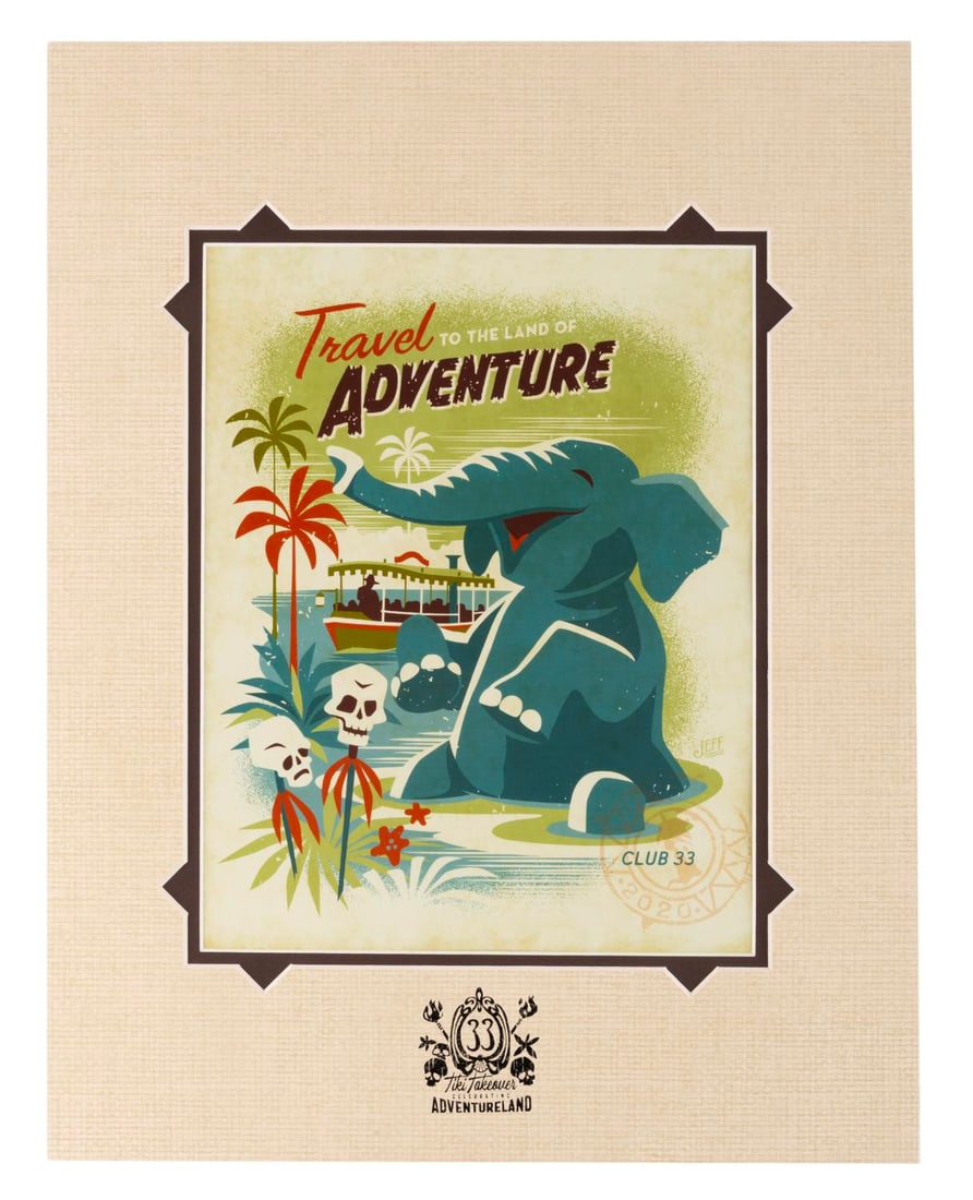 A Club 33 "Tiki Takeover Adventure" Print by Jeff Granito.: (Disneyland, 2021) A Jungle Cruise-themed print titled "Tiki Takeover Adventure," released exclusively to Club 33 members at the Tiki Takeover Celebrating Adventureland event. With an image size of