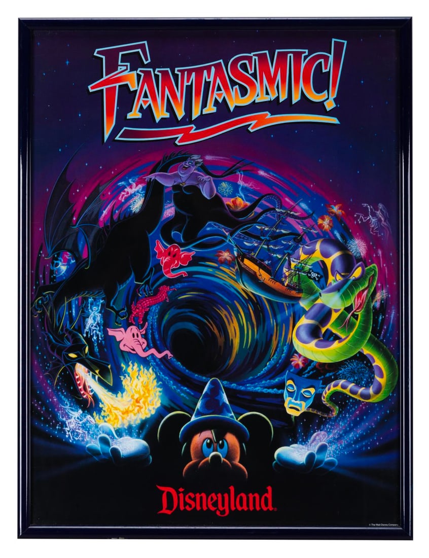 A Disneyland Fantasmic! Poster.: (Disneyland, 1990s) A framed poster for the Disneyland nighttime spectacular Fantasmic! Measuring 18" x 24" in a 19" x 25" frame, the poster displays in very good condition with creases, while the
