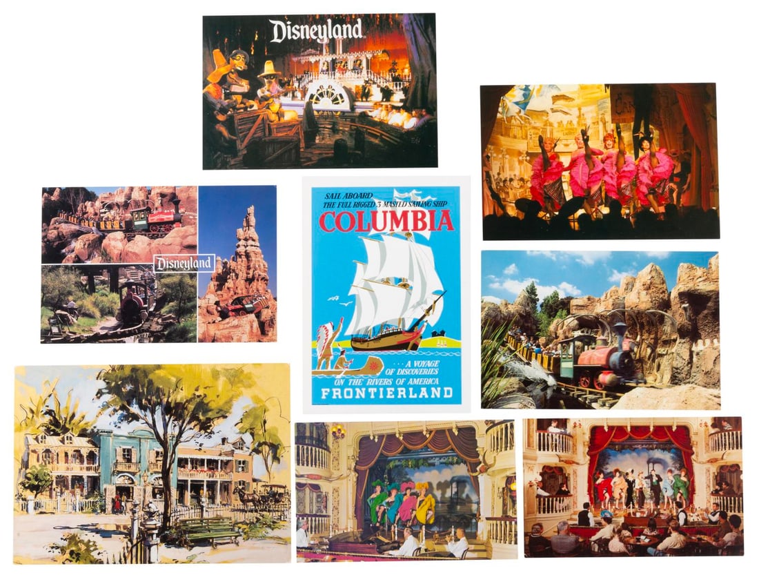 Frontierland & Splash Mountain Postcards.: (Disneyland, 1950s-80s) Eight Frontierland/Critter Country postcards, including three of the Golden Horseshoe Revue, two Big Thunder Mountain, two concept art or poster cards, and one interior of