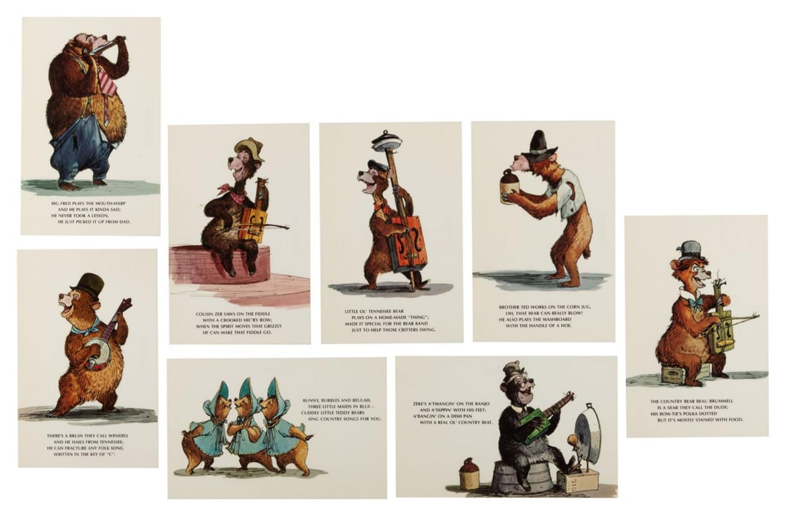 A Set of Country Bear Jamboree Marc Davis Postcards.: (Disneyland, 1972) An original set of eight Country Bear Jamboree concept art postcards featuring the designs of Imagineer Marc Davis. Each measuring 3.5" x 5.25", the postcards are in fine condition.