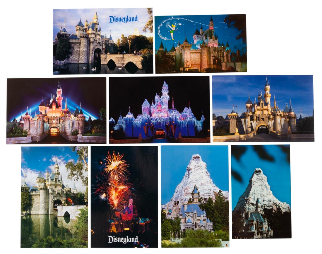 A Set of Sleeping Beauty Castle Postcards.: (Disneyland, 1960s-2000s) A collection of nine different postcards featuring Sleeping Beauty Castle through the years. The postcards are in very good to fine condition.