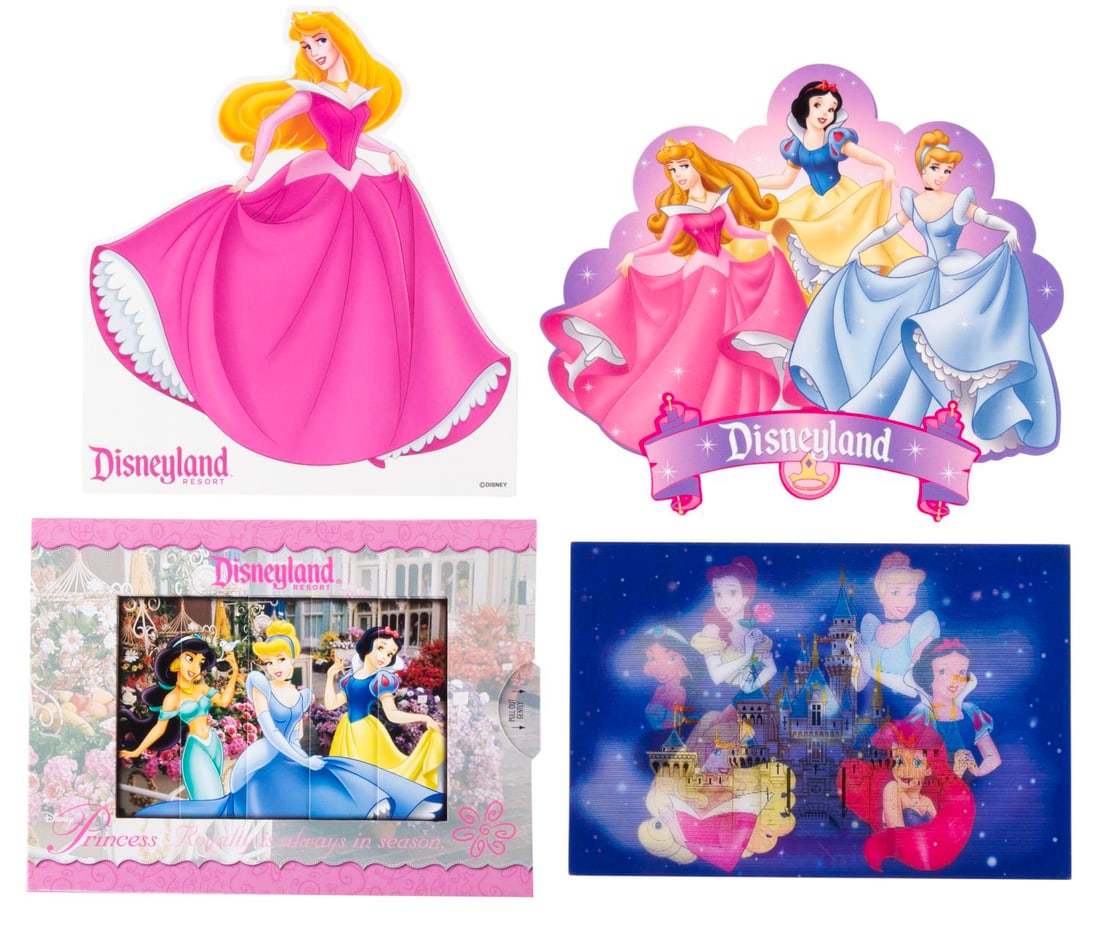 Four Disneyland Princess Postcards.: (Disneyland, 2000s) A collection of four Princess postcards including two diecut cards, a lenticular card, and a mechanical/sliding image card. The collection is in very good to fine condition.