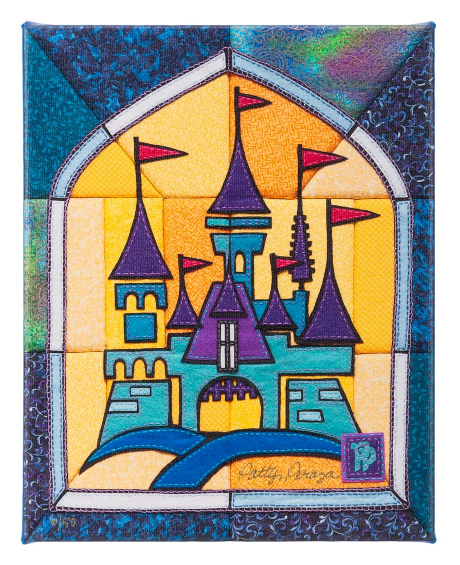 A "Sleeping Beauty's Castle" Canvas Print by Patty Peraza.: (D23, 2019) A limited edition canvas print titled "Sleeping Beauty's Castle" by Disney artist Patty Peraza, released exclusively at the D23 Expo in 2019. Numbered 6/50 and measuring 8" x 10", the