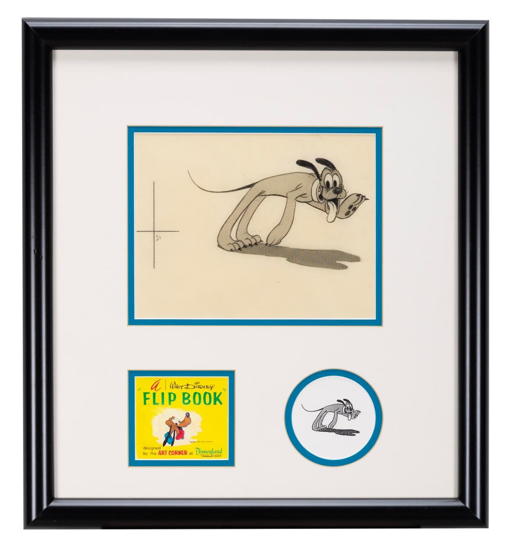 Original Artwork for an Art Corner Pluto Flip Book.: (Disneyland, 1950s) Original artwork of Pluto used for a page of a Disneyland Art Corner Flipbook. Accomplished in ink with Zip-A-Tone applied on it, the image of Pluto measures 6.5" x 3.5" on untrimm