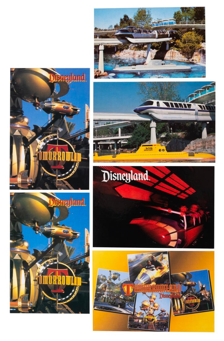 Six Tomorrowland Postcards.: (Disneyland, 1960s-90s) Six postcards of Tomorrowland including two views of the Submarine Voyage, Space Mountain, and three postcards of New Tomorrowland in 1998. The postcards are in very good condi