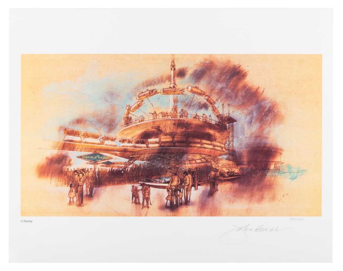 A John Hench Signed PeopleMover and Rocket Jets Print.: (Disneyland, 1997) A Disney Gallery Tenth Anniversary print of John Hench's 1965 concept art for the PeopleMover and Rocket Jets. This print has been signed by Hench in graphite, hand-numbered