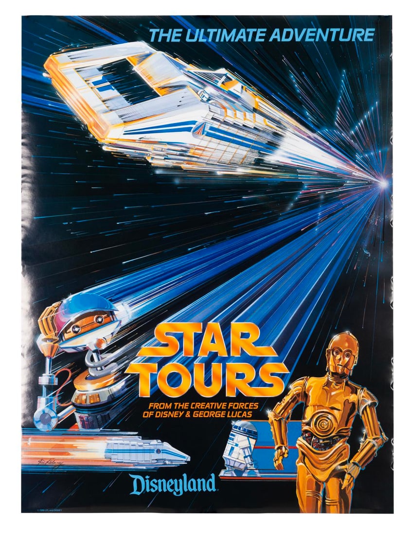 A 1986 Disneyland Star Tours Souvenir Poster.: (Disneyland, 1986) A souvenir poster for Star Tours at Disneyland, illustrated by Imagineer Tim Delaney and featuring the StarSpeeders, R2-D2, C-3PO, and RX-24. Measuring 18" x 24", the poster is in f