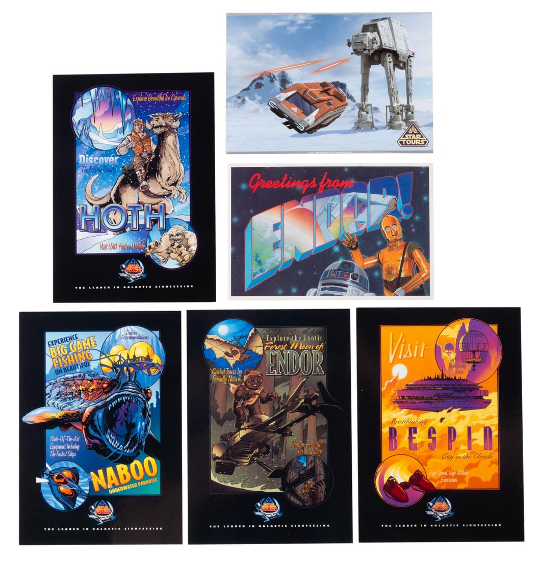 A Collection of Disneyland Star Tours Postcards.: (Disneyland, 1987-2011) A collection of Star Tours postcards from Disneyland. Included is an accordion pack of ten cards, four travel poster cards including Naboo (added in 2011), and a very early Gre