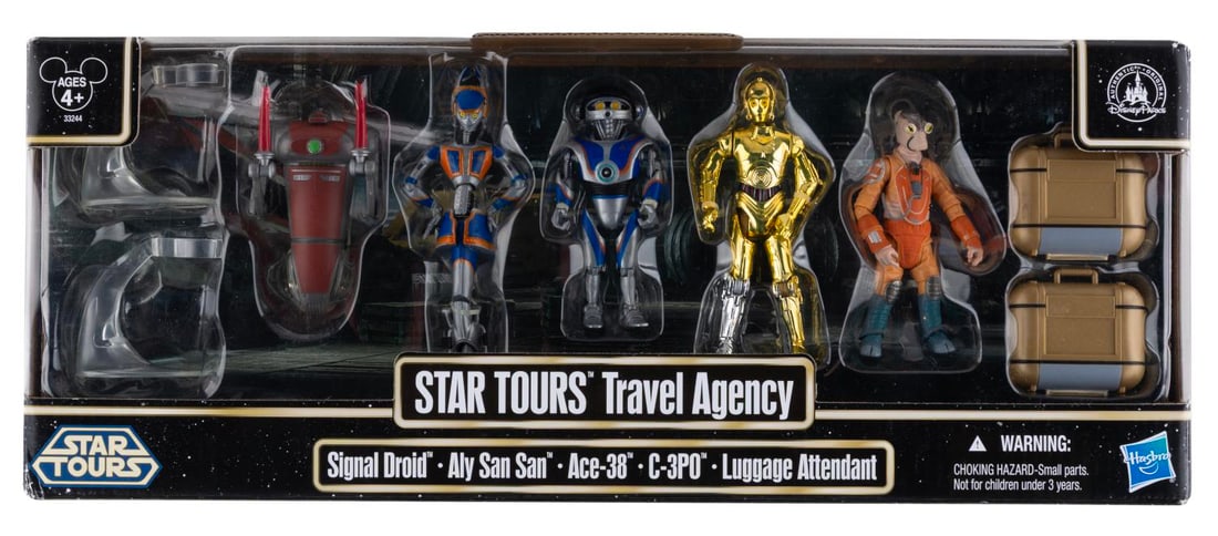 A Star Tours Travel Agency Action Figure Set.: (Hasbro, 2011 ) A Star Tours Travel Agency action figure playset. Included are figures of C-3PO, Signal Droid, Aly San San, Ace-38, and the Luggage Attendant, all seen in the revamped attraction. The 