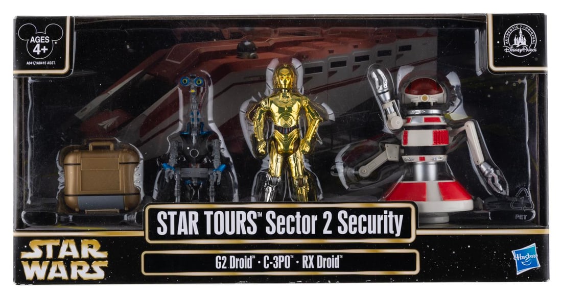 A Star Tours Sector 2 Security Playset.: (Hasbro, 2012) A Star Tours Sector 2 Security set with action figures of G2 Droid, C-3PO, and RX Droid, who were seen in the attraction. The figures are in fine condition, sealed in the very good cond