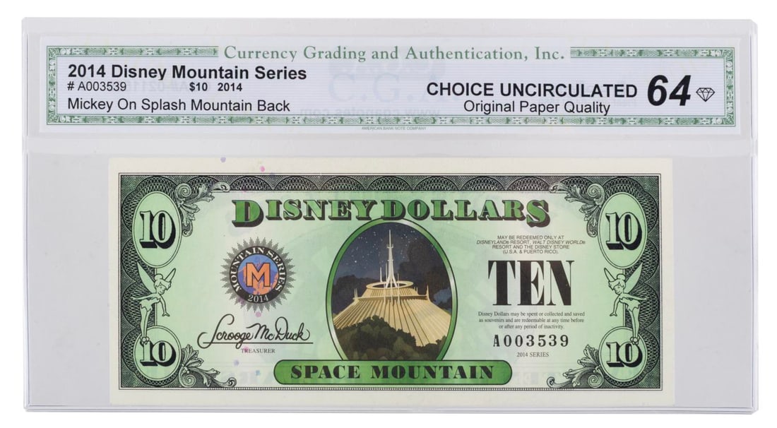 A $10 Space Mountain Disney Dollar.: (Disney, 2014) A $10 Mountain Series 2014 Disney Dollar with Space Mountain on the front and Mickey Mouse riding the attraction on the reverse. The bill from the 2007 Series is graded a Choice Uncircu